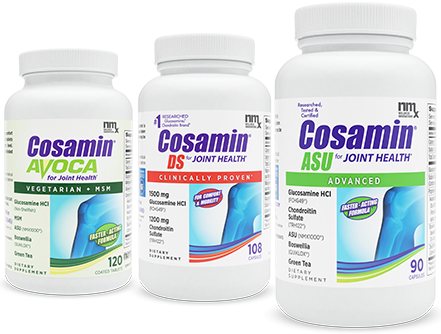 Cosamin ASU, Cosamin DS, and Cosamin Avoca product boxes with magnifying glass